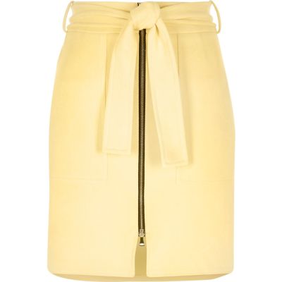 Yellow faux suede zip-up A-line skirt